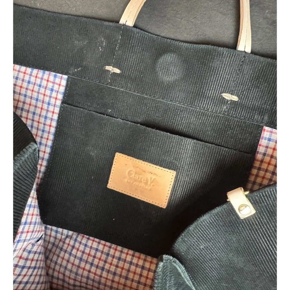 Clare V. Corduroy Tote Bag Large Black Cotton Leather Handle Plaid Lining Travel - Picture 9 of 10